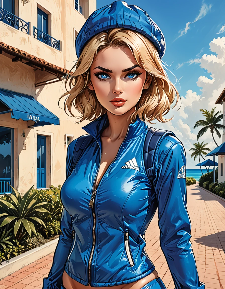 (((girl in Blue zipped up down winter jacket and black turtleneck )) and levis (jeans)  and blue gloves and (((blue winter hat)))) walking against the backdrop of a white hotel in the tropics,outside,  adult, [Nordic], Hourglass elongated fitness body, perfect Olive skin, Oval Face, Rounded shoulders, perfect hand, (Short blonde Waves pixie hair), snub nose, Arched eyebrows, ((Monolid blue Eyes)), High Round Narrow cheekbones, Dimpled Cheeks, Rounded Chin, Rounded Jawline, Full  Lips, (blue eyes), Nude Makeup Look, long eyelashes, third breast size, long slim fitness legs, graphic style of novel comics, perfect hands, 2d, 8k, hyperrealism, masterpiece, high resolution, best quality, ultra-detailed, super realistic, Hyperrealistic art, high-quality, ultra high res, highest detailed, lot of details, Extremely high-resolution details, incredibly lifelike, soft cinematic light,
