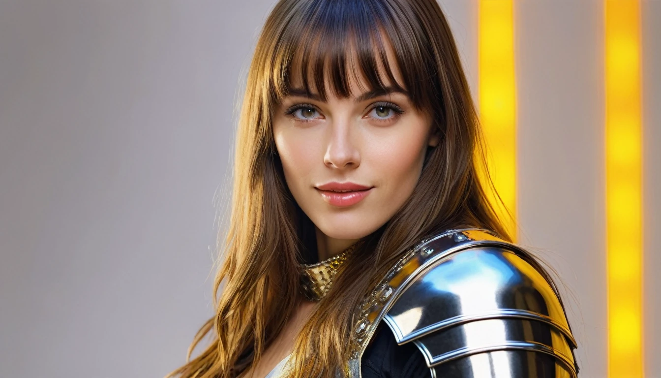 realistic acrylic art, vivid colors, lateral point of view, a beautiful european woman with long hair, bangs, looking at the viewer with suspicious face and a shy smile, she wears hy-glossy TOTALLY SMOOTH plastic no details armor, gloves, a sophisticated belt, dramatic yellow lights, background white empty neutral