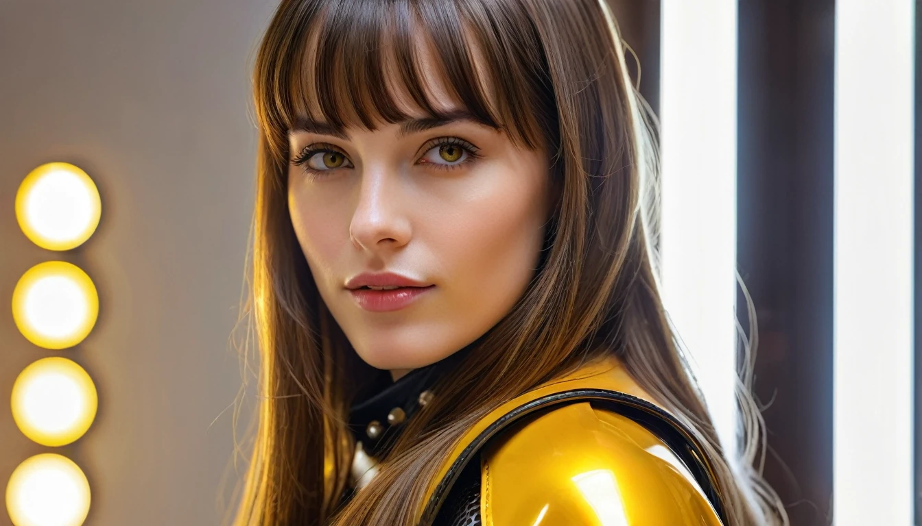 realistic acrylic art, vivid colors, lateral point of view, a beautiful european woman with long hair, bangs, looking at the viewer with suspicious face and a shy smile, she wears hy-glossy TOTALLY SMOOTH plastic no details armor, gloves, a sophisticated belt, dramatic yellow lights, background white empty neutral