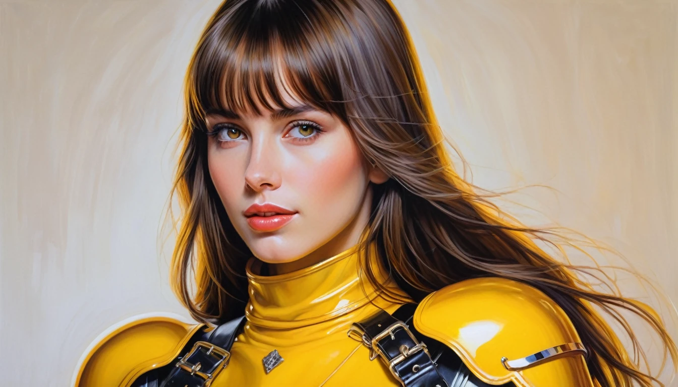realistic acrylic art, vivid colors, lateral point of view, a beautiful european woman with long hair, bangs, looking at the viewer with suspicious face and a shy smile, she wears hy-glossy TOTALLY SMOOTH plastic no details armor, gloves, a sophisticated belt, dramatic yellow lights, background white empty neutral