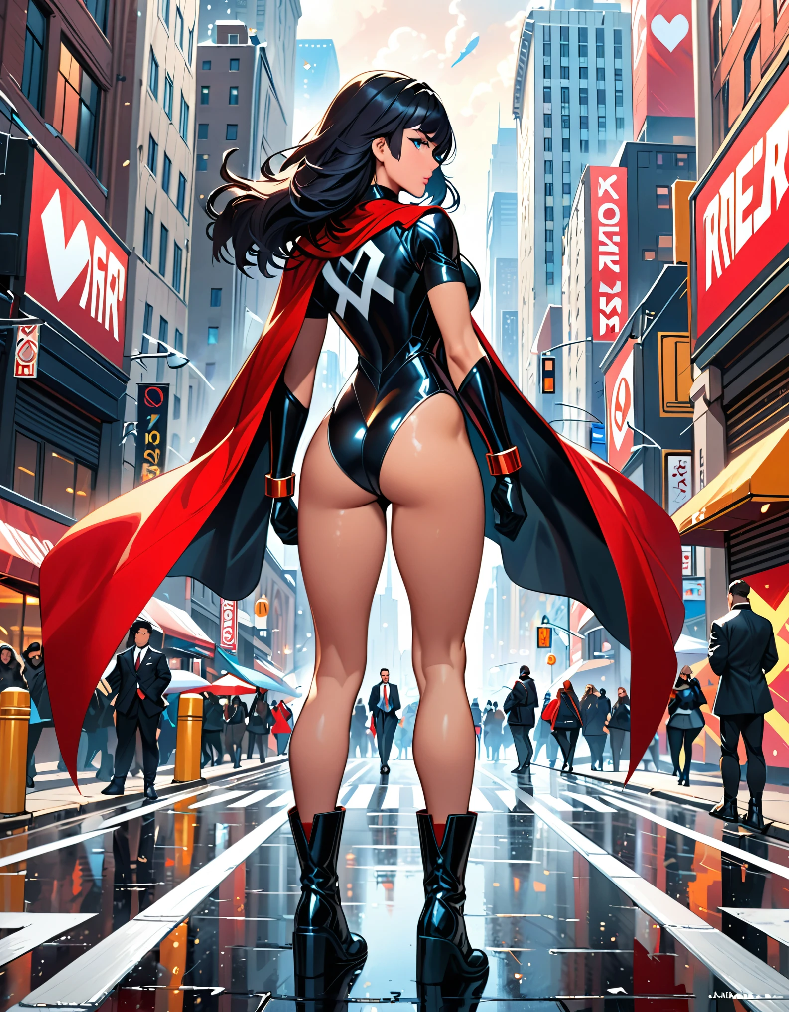 anime girl in a red and black suit standing on a city street, extremely detailed artgerm, style artgerm, style ivan talavera and artgerm, krenz cushart and artgerm, range murata and artgerm, artgerm style, in the style artgerm, ig model | artgerm, artgerm detailed, black hair, long hair, medium hair, blue eyes, (leotard), bare legs, matching boots and gloves, superhero, bracelets, solo, solo focus, (silver (v) (symbol) on chest), (rear view, back view).