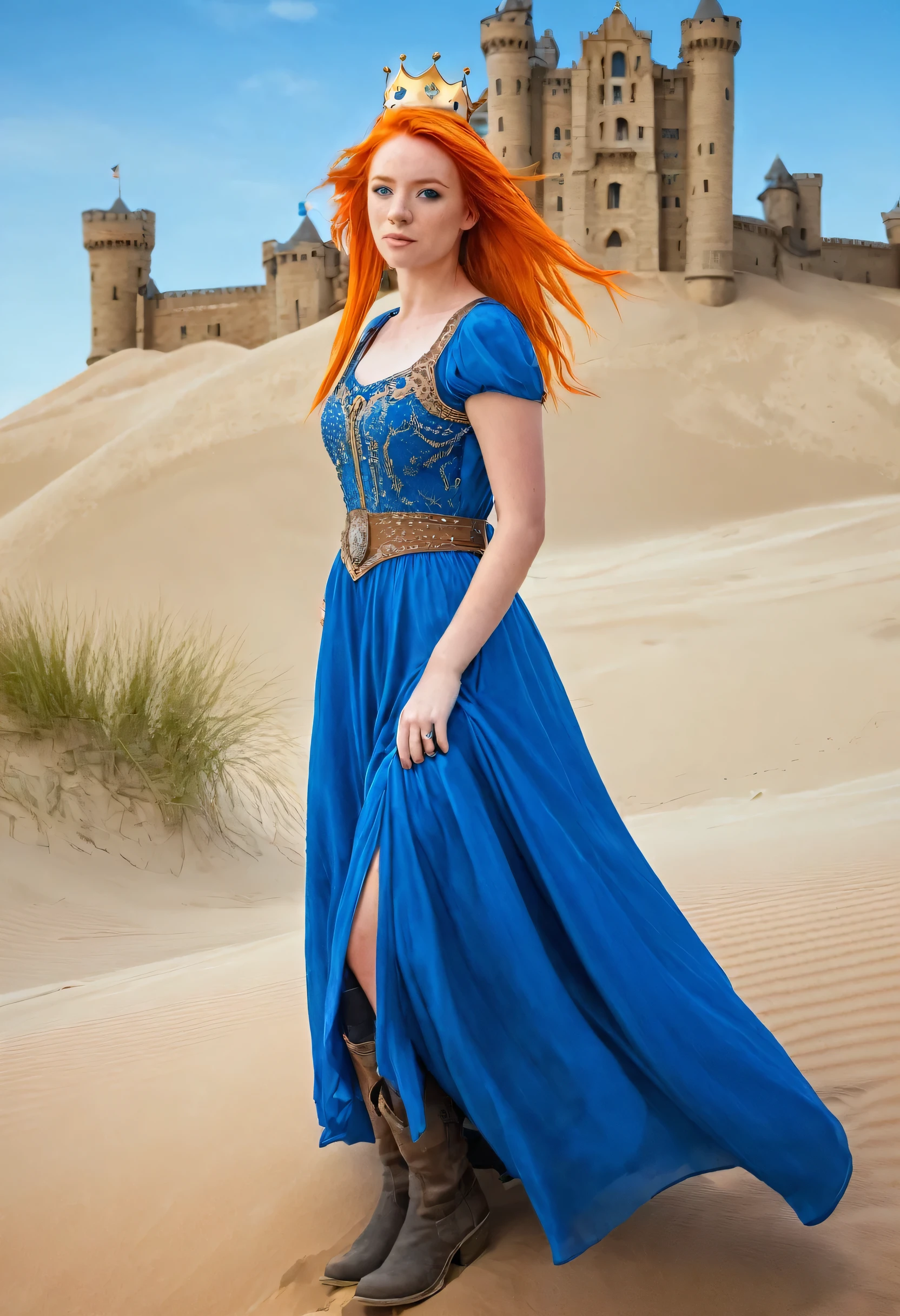 masterpiece, best quality, solo, 1girl, orange hair, blue hair, :D, orange dress, looking at viewer, outdoors, sand, sand dunes, huge castle, crown, standing, full body, cowboy shot, hands on hips,