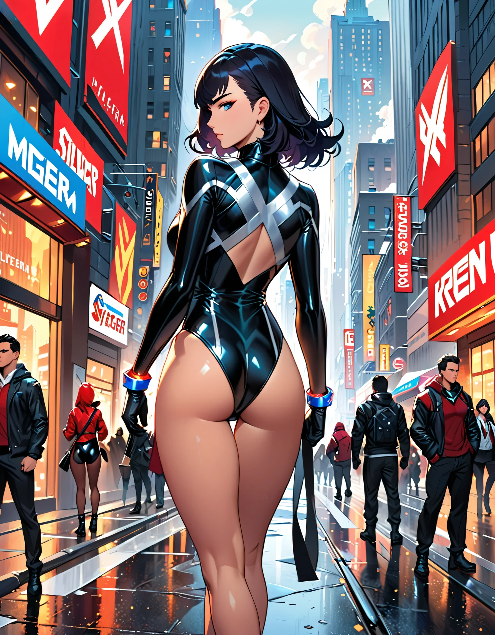 anime girl in a red and black suit standing on a city street, extremely detailed artgerm, style artgerm, style ivan talavera and artgerm, krenz cushart and artgerm, range murata and artgerm, artgerm style, in the style artgerm, ig model | artgerm, artgerm detailed, black hair, long hair, medium hair, blue eyes, (leotard), bare legs, matching boots and gloves, superhero, bracelets, solo, solo focus, (silver (v) (symbol) on chest), (rear view, back view).