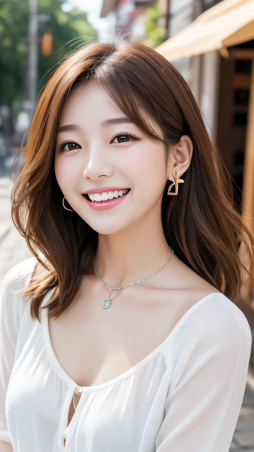 Beautiful young woman、 Korean women、Light brown hair、Wavy Hair、short hair、ear piercing、Necklace around the neck、blouse、smile、Laughing with your mouth open、Beautiful teeth alignment、Intricate details, Very detailed:1.2), 、 Looking into the camera,The background is the town