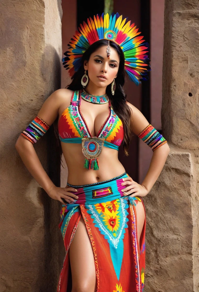 beautiful Aztec woman, dressed in a traditional Mexican dress with a mix of colors, extremely fitted, with a large neckline that reveals her voluminous breasts; the woman's suit shows off the woman's large nipples; very fitted dress that marks the woman's thong; masterpiece, fine details on the woman's face, sensual and seductive look, sensual and seductive pose; masterpiece, intrinsic details, erotic pose; cinematographic image, masterpiece, high definition, fine details in shapes and colors