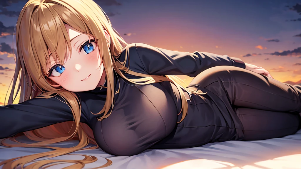 asuna,sao, crown half up hairstyle,, Top view, leaning forward, happy, human hands, large breasts, beautiful detailed blue eyes, black Clothes, dusk sky, dusk, sunset,