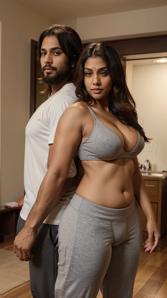 A sexy indian man with short beard, with a woman,they both have( fair white skin coloure 1.5),, (penis), happy expression ,(extremely gorgeous face )and black hair, Surrealism, lens flare, overexposure,  depth of field, cinematic lighting, jpeg artifacts, motion lines, motion lines, diffraction spikes, wide shot, 8k, award winning,(focus on the man),(detailed face and eyes)