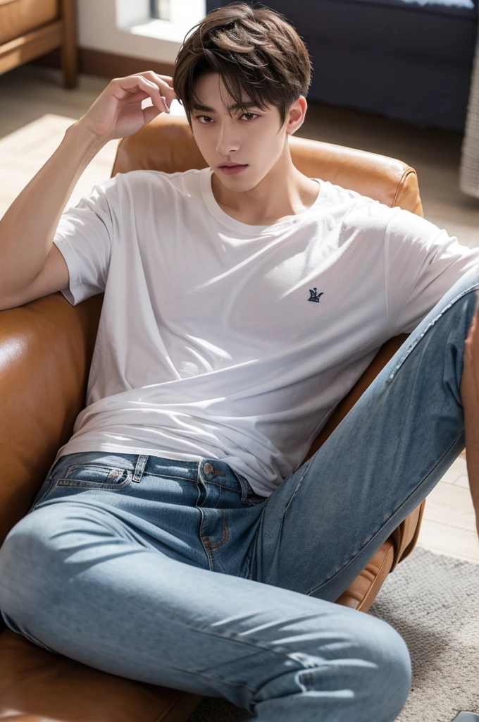 A guy is relaxing, wearing high school clothes,ripped pants,