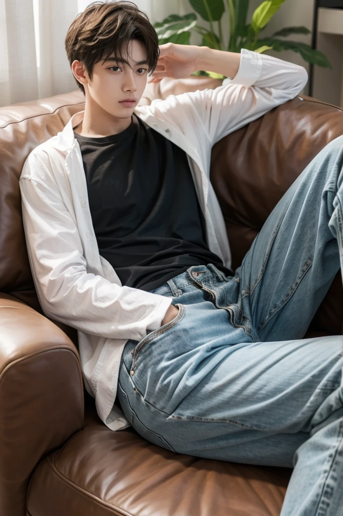 A guy is relaxing, wearing high school clothes,ripped pants,