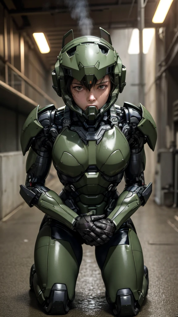 最high quality非常に詳細, Advanced Details, high quality, 最high quality, High resolution, 1080P, hard disk, beautiful,(War Machine),(Snug-fitting headgear),See the big picture,beautifulサイボーグ女性,Dark Green Mecha Cyborg Girl,BATTLE MODE,Mecha Body Girl　8k dark green body armor　Elementary school girl　Sweaty face　Droopy eyes　short hair　　boyish　Steam coming out of my head　My hair is wet with sweat　Black Hair, Steam coming out of the mouth　　Not exposed　A facial expression of severe pain　He was on his knees clutching his stomach, drool dripping from his mouth onto the ground.