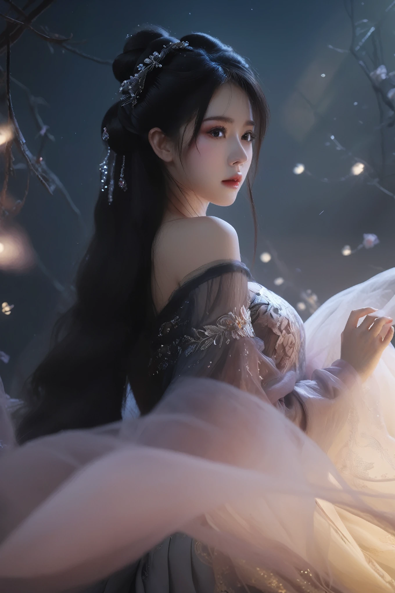Ultra HD, 8K, Extremely detailed, Photos of Dark Fantasy Art, Girl in tulle skirt,making eye contact, dark, Moody, dark fantasy style, Beautiful Lights, great composition