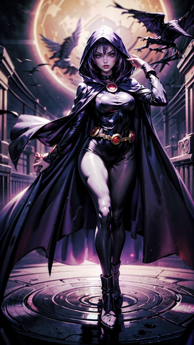 illustration of Raven from DC Comics, big breasts sensual and dynamic poses, various poses,  Raven, high collar, black leotard, black cape, hooded cloak, cabelo roxo, testa jeauel, purples eyes, shorth hair, belt, stretched skin, standing, neckleace, toned, pose, natta , moonlights, ((posando)), motion lines, trunk, trunk, portraite, b&au. contour, in anime tarot card art style, chic, glamourous, reflection, Glow Up, shadowing, pantyhose 40 dinier, mic, dynamic poses