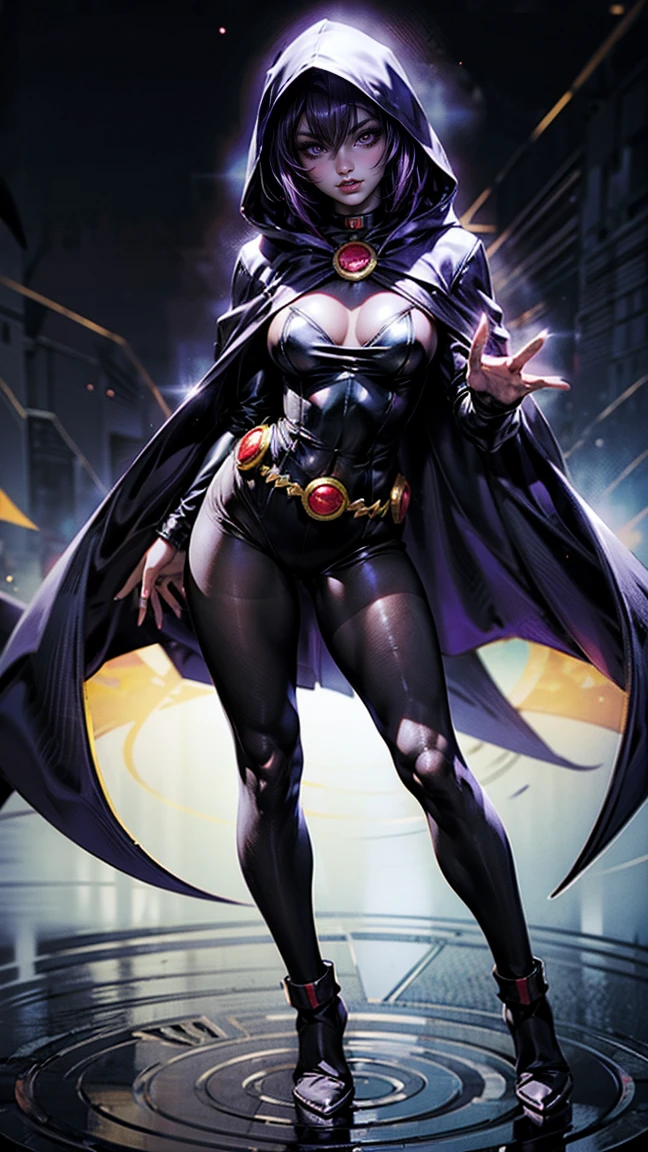 illustration of Raven from DC Comics, big breasts sensual and dynamic poses, various poses,  Raven, high collar, black leotard, black cape, hooded cloak, cabelo roxo, testa jeauel, purples eyes, shorth hair, belt, stretched skin, standing, neckleace, toned, pose, natta , moonlights, ((posando)), motion lines, trunk, trunk, portraite, b&au. contour, in anime tarot card art style, chic, glamourous, reflection, Glow Up, shadowing, pantyhose 40 dinier, mic, dynamic poses