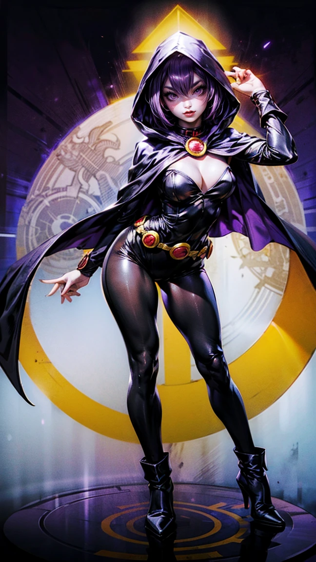 illustration of Raven from DC Comics, big breasts sensual and dynamic poses, various poses,  Raven, high collar, black leotard, black cape, hooded cloak, cabelo roxo, testa jeauel, purples eyes, shorth hair, belt, stretched skin, standing, neckleace, toned, pose, natta , moonlights, ((posando)), motion lines, trunk, trunk, portraite, b&au. contour, in anime tarot card art style, chic, glamourous, reflection, Glow Up, shadowing, pantyhose 40 dinier, mic, dynamic poses