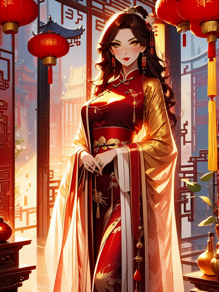 score_9, score_8_up, score_7_up, score_6_up, score_5_up, score_4_up, Xian Mei, golden eyes, red curly hair, tied hair, hair in a bun, hairpin, traditional Chinese red wedding hanfu dress, Yourqipao Red Embroidery Chinese Xiuhe Hanfu Women's Satin Cheongsam Ancient Traditional Chinese Bride , Wedding Dress, Long Dresses, Long Earrings, Red Lipstick, Detailed Eyes, Traditional Wear, Sexy Attractive, Hot, Traditional, Big Smile, Happy, Blush, Chinese Temple, Lotuses,