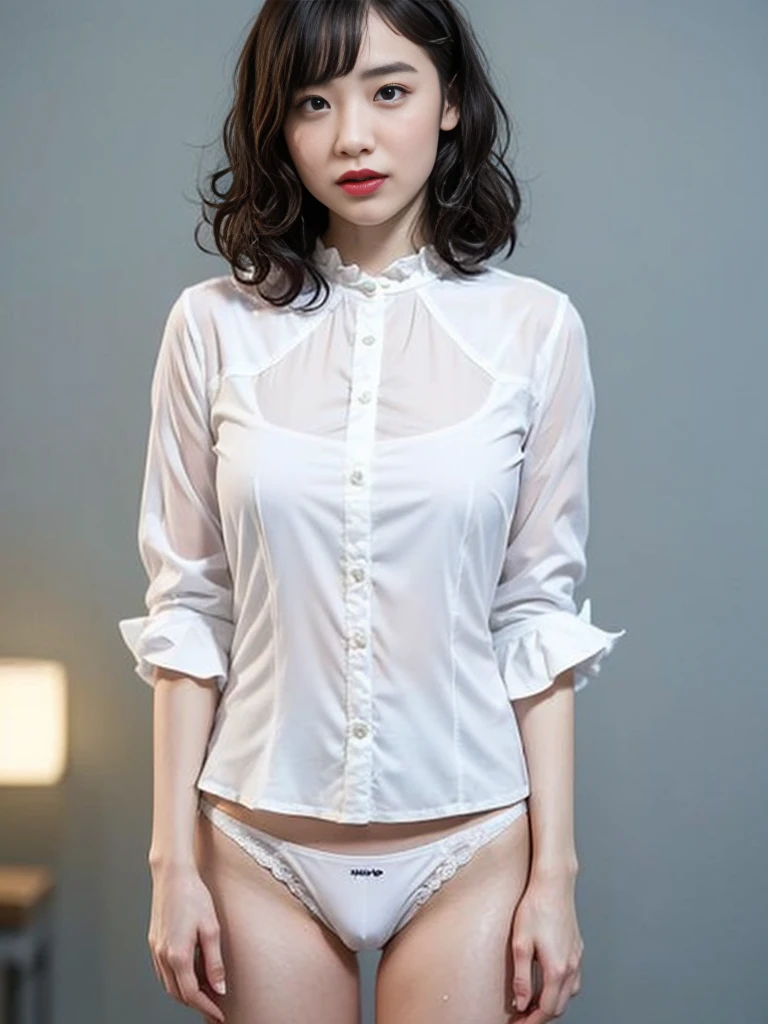 Gray background、pubic hair、Large Breasts、Thighs、Red lipstick、(((Glaring)))、Curly Hair、Disheveled Hair、Cute woman、high school girl、White shirt、Navy frill mile、Open chest shirt、A wet shirt with underwear showing through、Wet Hair、