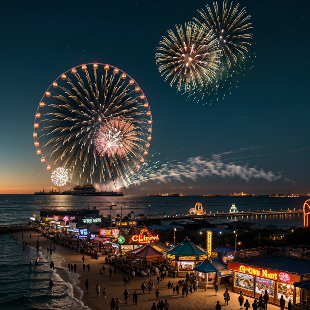 A vibrant nighttime scene at Coney Island, with a brilliant display of firework lighting up the sky in a spectrum of colors. In the foreground, the iconic amusement park features the Cyclone roller coaster, the Wonder Wheel Ferris wheel, and various brightly lit rides and attractions. The beach and boardwalk are bustling with excited visitors, families, and friends. The reflections of the fireworks shimmer on the ocean water, creating a magical and festive atmosphere