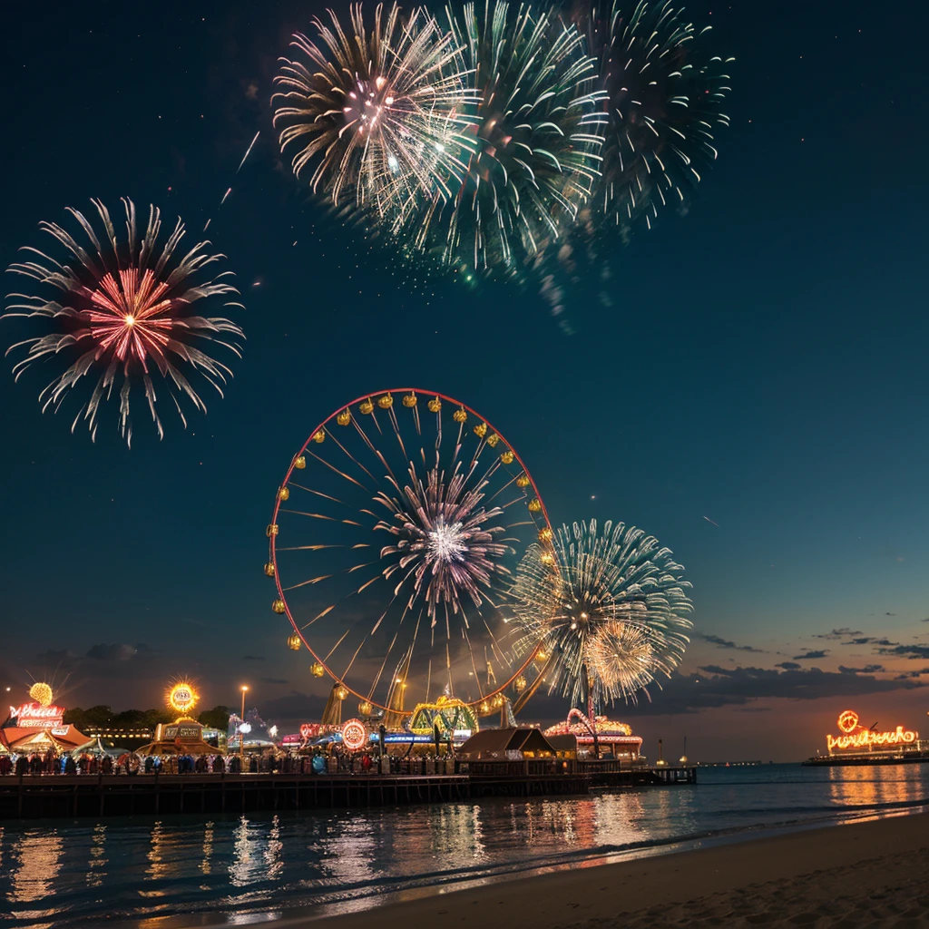 A vibrant nighttime scene at Coney Island, with a brilliant display of firework lighting up the sky in a spectrum of colors. In the foreground, the iconic amusement park features the Cyclone roller coaster, the Wonder Wheel Ferris wheel, and various brightly lit rides and attractions. The beach and boardwalk are bustling with excited visitors, families, and friends. The reflections of the fireworks shimmer on the ocean water, creating a magical and festive atmosphere