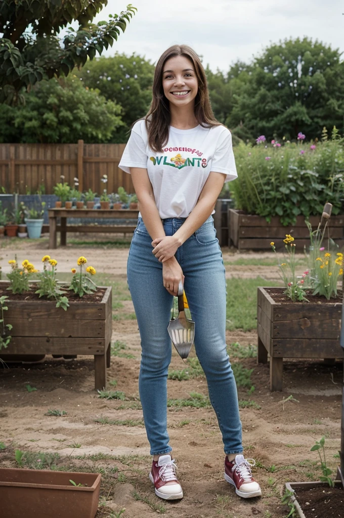 A full-body image of a brunette woman with freckles, looking kind and engaged. She is dressed in a volunteer t-shirt and jeans, with sneakers. She stands in a community garden, planting flowers with other volunteers. She has a warm, encouraging smile, with the background showing greenery and gardening tools.