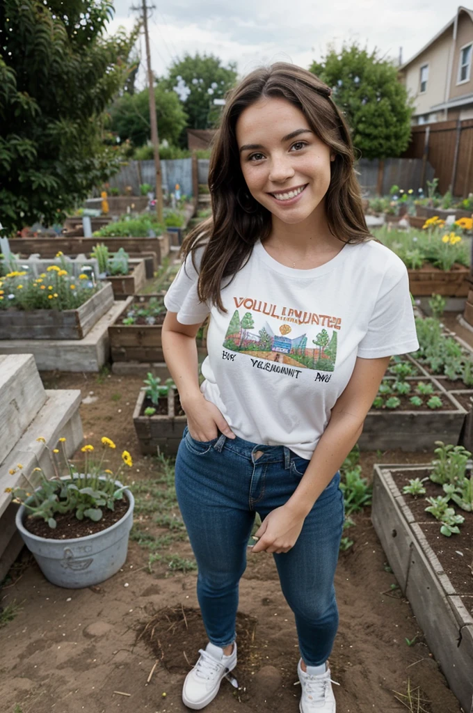 A full-body image of a  brunette woman with freckles, looking kind and engaged. She is dressed in a volunteer t-shirt and jeans, with sneakers. She stands in a community garden, planting flowers with other volunteers. She has a warm, encouraging smile, with the background showing greenery and gardening tools.