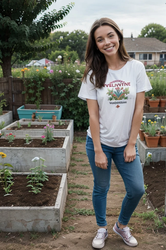 A full-body image of a brunette woman with freckles, looking kind and engaged. She is dressed in a volunteer t-shirt and jeans, with sneakers. She stands in a community garden, planting flowers with other volunteers. She has a warm, encouraging smile, with the background showing greenery and gardening tools.