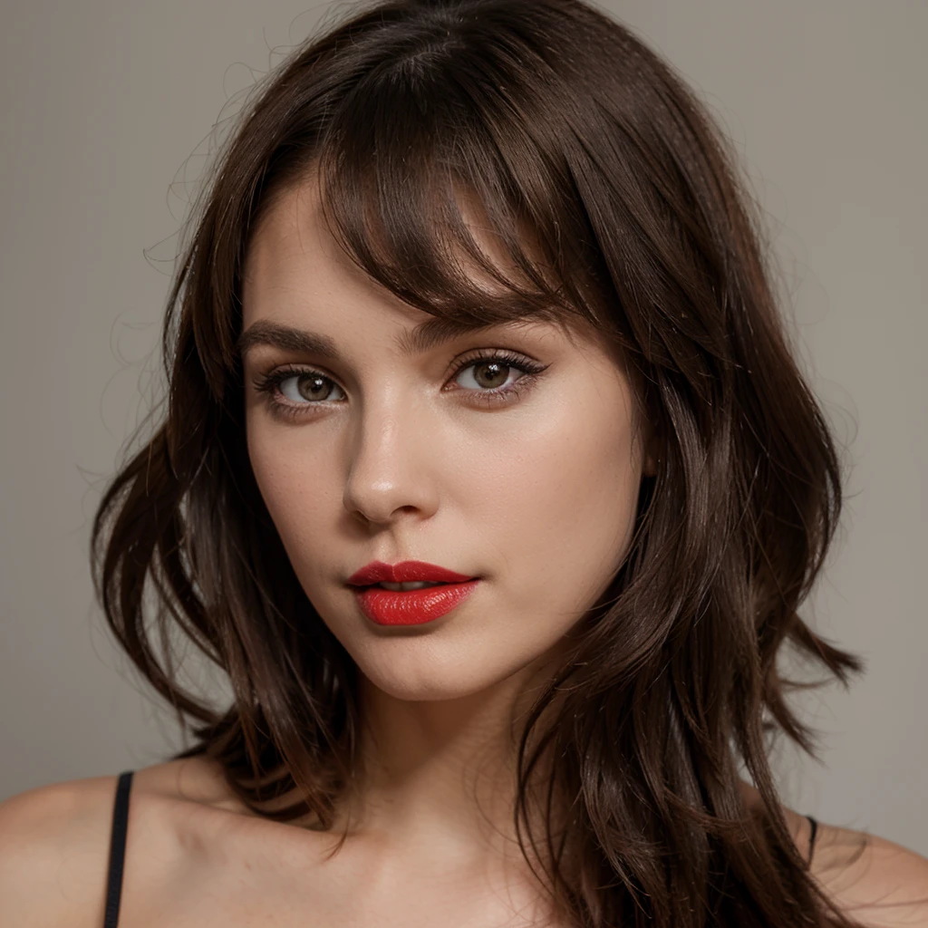 1 solo girl, brunette smooth hair, red lips, head, looks straight ahead