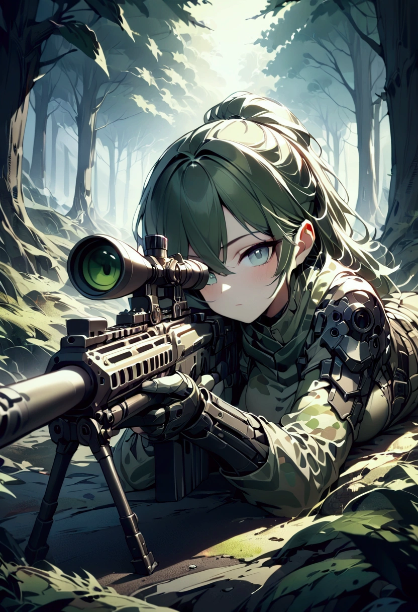 1girl, Sniper, A highly detailed, portrait of a skilled sniper in a camouflage uniform, lying prone with a high-powered sniper rifle, focused intently through the scope, surrounded by lush foliage in a forest environment, dramatic lighting, cinematic composition, hyper-detailed textures, muted color palette, gritty, masterpiece, best quality, very aesthetic, absurdres