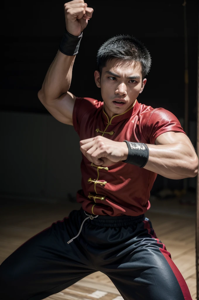 A ocidental male kungfu athlete in a fighting stance, with a plain background