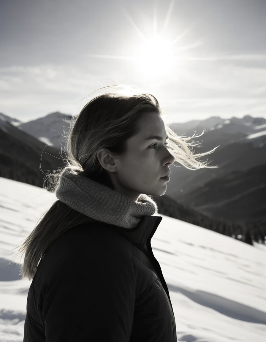a girl in a winter landscape, long hair blowing in the wind, face slightly out of focus, light leaks and film grain, 1000 ISO, black and white, holga 120n, (best quality,4k,8k,highres,masterpiece:1.2),ultra-detailed,(realistic,photorealistic,photo-realistic:1.37),cinematic lighting,moody atmosphere,dramatic shadows,cold tones,minimalist,soft focus,ethereal,dreamlike