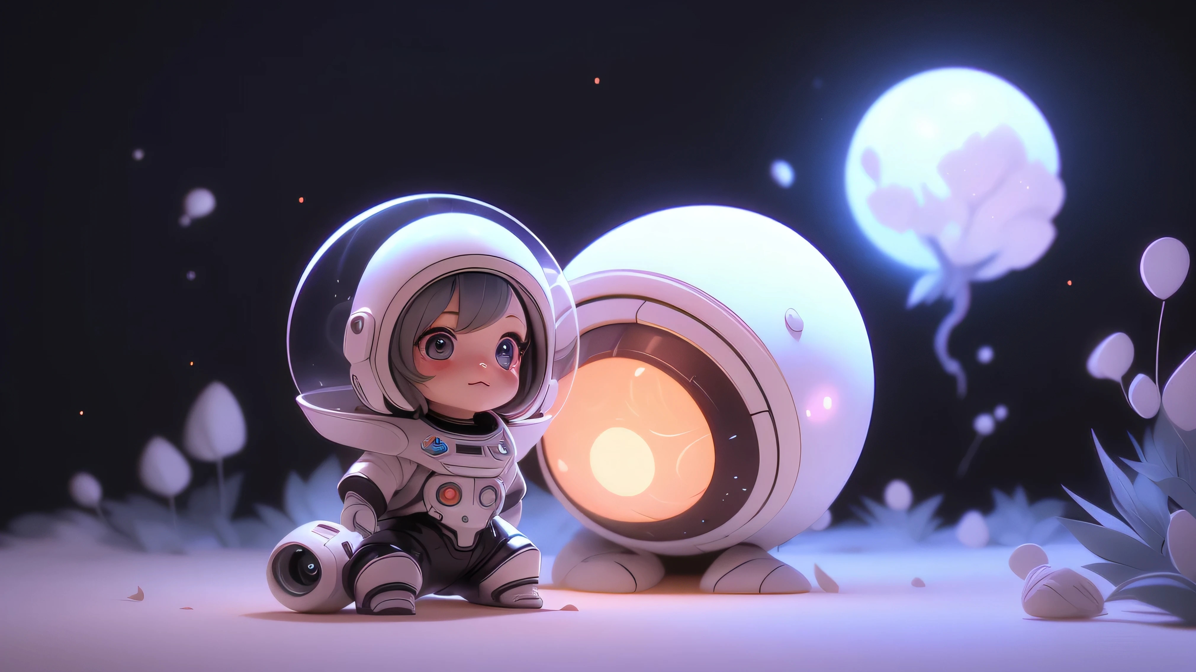fully body photo,Beautiful female alien,Small and cute,Wearing a black and white mech ,Big cute eyes,dreamy glow,Ren,White background,globalillumination,Ray traching,hdr,The rendering is not realistic,reasonable design,high detal,tmasterpiece,Best quality at best,hyper HD,cinmatic lighting),Translucent ethereal aliens, night