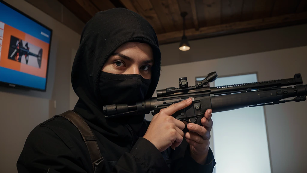 terrorist pointing rifle, using balaclava, looking at screen