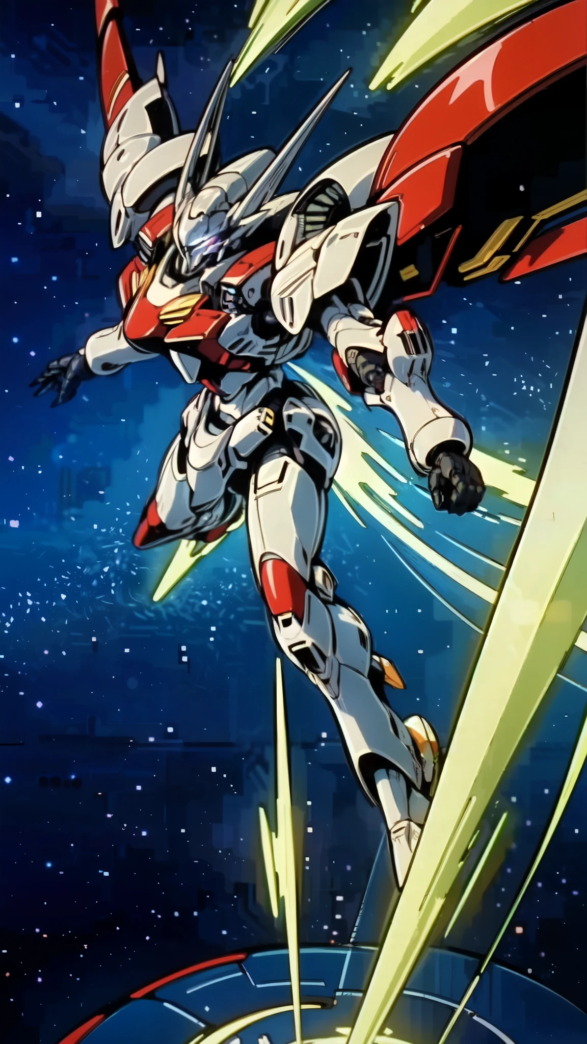 (masterpiece:1.5, best quality:1.5, extremely delicate:1.5), humanoid Mecha, fully enclosed shoulder guards, matching arm and leg guards, full body, full armor, the design balances heavy with agility, (the color scheme is primarily white with red and blue accents, the concept Inspired by Super robot, organic biotech armor, standing, floating high above the futuristic sci-fi city), exquisite and mature art style, (aura effect, energy, glowing eyes, the armor glows), ((SRS)), metallic, dramatic, high definition, highres, ultra-detailed, ultra-fine painting, professional, perfect body proportions, anatomically correct, symmetrical face, extremely detailed eyes and face, high quality eyes, creativity, RAW photo, UHD, 32k, Natural light, cinematic lighting, masterpiece-anatomy-perfect