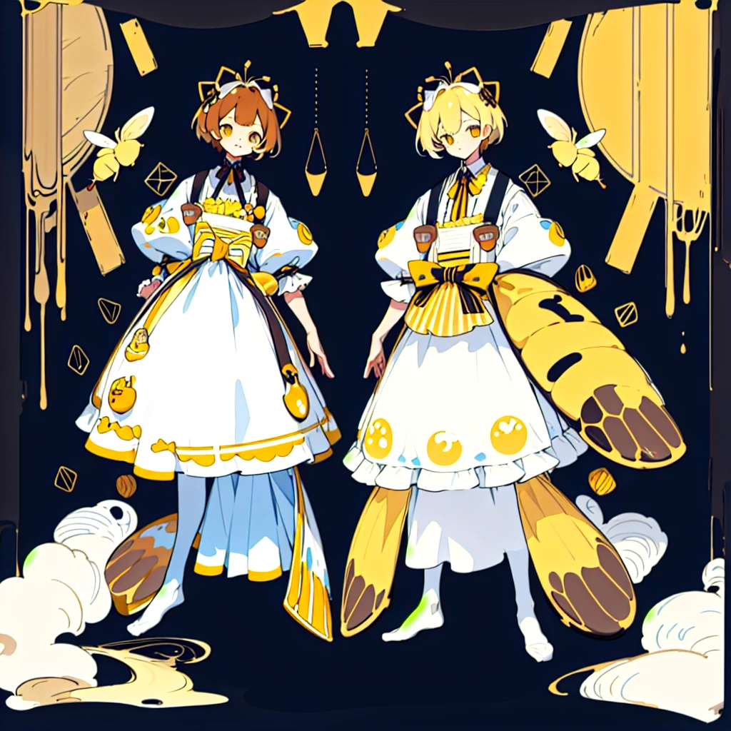 (Golden Ratio:1.2),[White background:1.4)::10],(masterpiece), (Highest quality), (Super detailed),制Clothing design、Clothing design、apron、sweets屋さんの服、Yellow Stripes、Frills、sweets、On the theme of brown and yellow、two kinds、For men、For women、Design drawing、melt、Honey、Bee design、men and women、two kindsのデザインを並べて、cool、cool