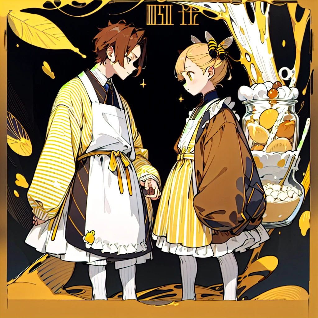 (Golden Ratio:1.2),[White background:1.4)::10],(masterpiece), (Highest quality), (Super detailed),制Clothing design、Clothing design、apron、sweets屋さんの服、Yellow Stripes、Frills、sweets、On the theme of brown and yellow、two kinds、For men、For women、Design drawing、melt、Honey、Bee design、men and women、two kindsのデザインを並べて、cool、cool