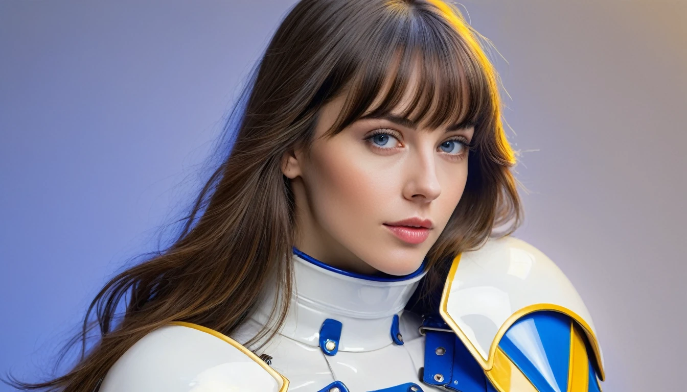 realistic acrylic art, vivid colors, lateral point of view, a beautiful european woman with long hair, bangs, looking at the viewer with suspicious face and a shy smile, she wears white BLUE hy-glossy TOTALLY SMOOTH plastic armor, gloves, a sophisticated belt, dramatic yellow lights, background white empty neutral