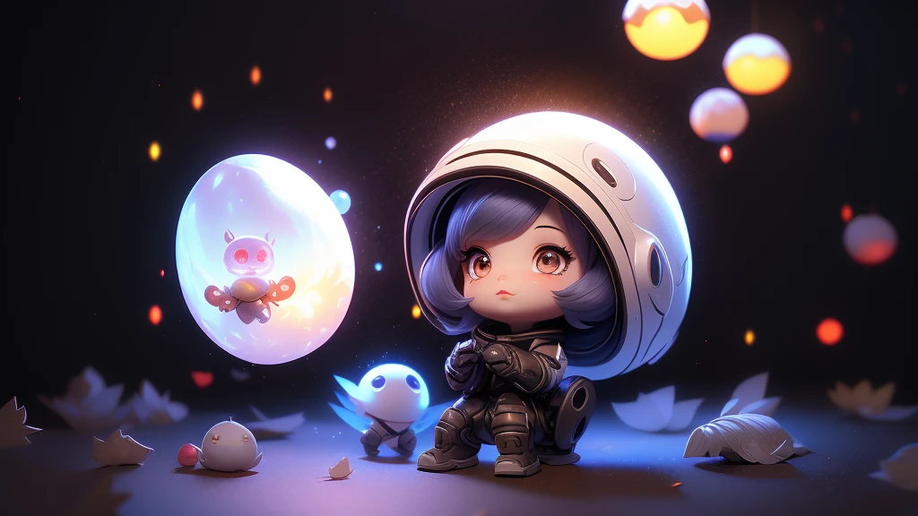 fully body photo,Beautiful female alien,Small and cute,Wearing a black and white mech ,Big cute eyes,dreamy glow,Ren,black background,globalillumination,Ray traching,hdr,The rendering is not realistic,reasonable design,high detal,tmasterpiece,Best quality at best,hyper HD,cinmatic lighting),Translucent ethereal aliens, night