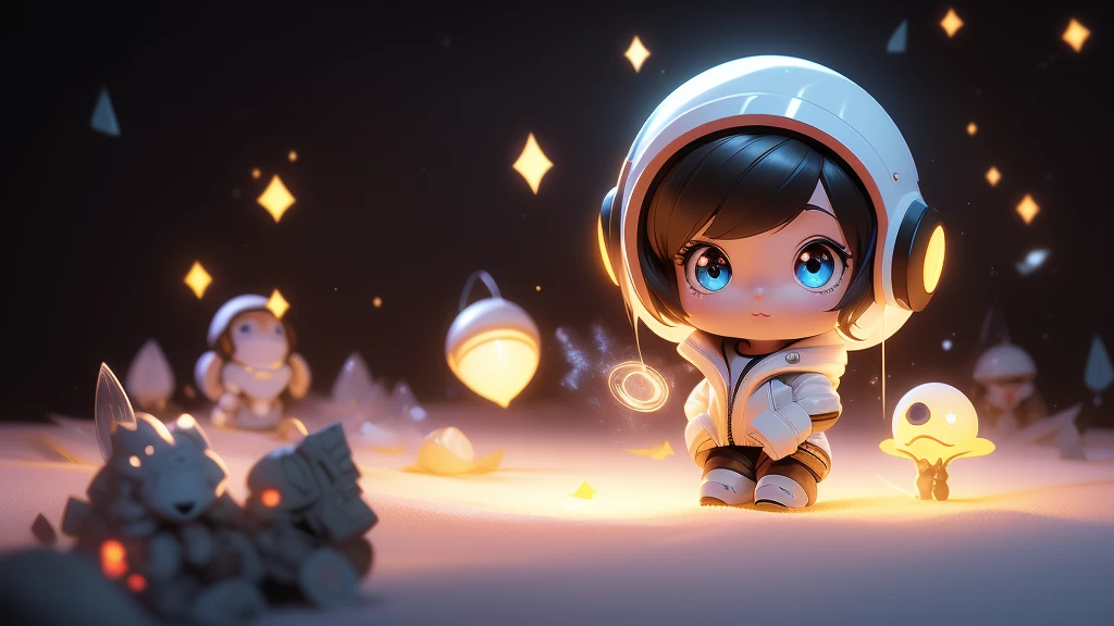 fully body photo,Beautiful female alien,Small and cute,Wearing a black and white mech ,Big cute eyes,dreamy glow,Ren,black background,globalillumination,Ray traching,hdr,The rendering is not realistic,reasonable design,high detal,tmasterpiece,Best quality at best,hyper HD,cinmatic lighting),Translucent ethereal aliens, night