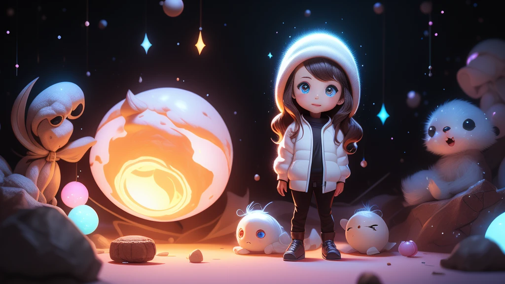 fully body photo,Beautiful female alien,Small and cute,Wearing a black and white mech ,Big cute eyes,dreamy glow,Ren,black background,globalillumination,Ray traching,hdr,The rendering is not realistic,reasonable design,high detal,tmasterpiece,Best quality at best,hyper HD,cinmatic lighting),Translucent ethereal aliens, night