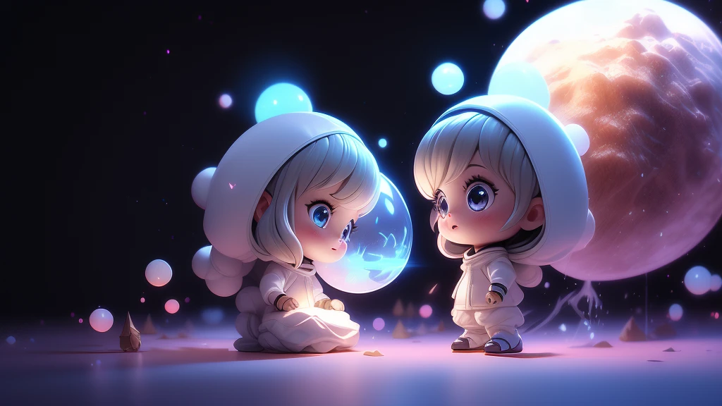 fully body photo,Beautiful female alien,Small and cute,Wearing a black and white mech ,Big cute eyes,dreamy glow,Ren,black background,globalillumination,Ray traching,hdr,The rendering is not realistic,reasonable design,high detal,tmasterpiece,Best quality at best,hyper HD,cinmatic lighting),Translucent ethereal aliens, night