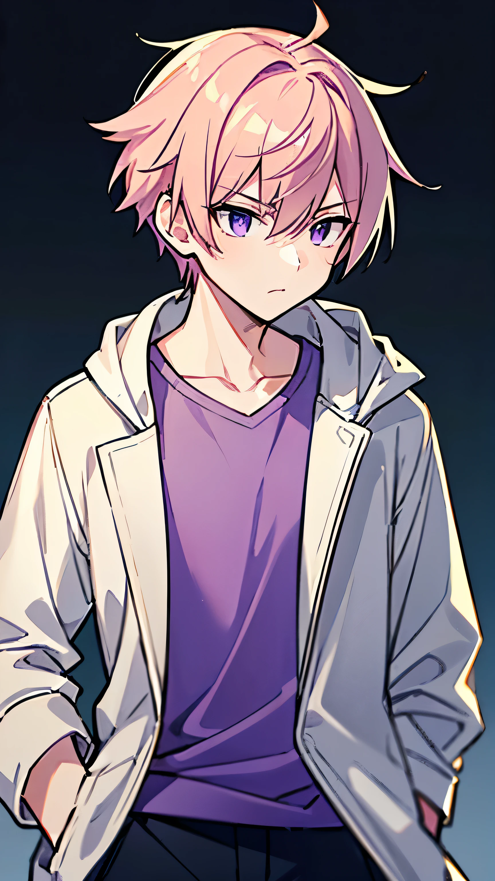 best quality, high quality, (male, a boy:1.2), Futuristic atmosphere, upper body, pink gold hair, very short hair, cool, Wear gray hooded clothing, Wear a white T-shirt, He has one hand in his pocket, expressionless, purple eyes, jitome, 22 years old, standing, from front, green background,