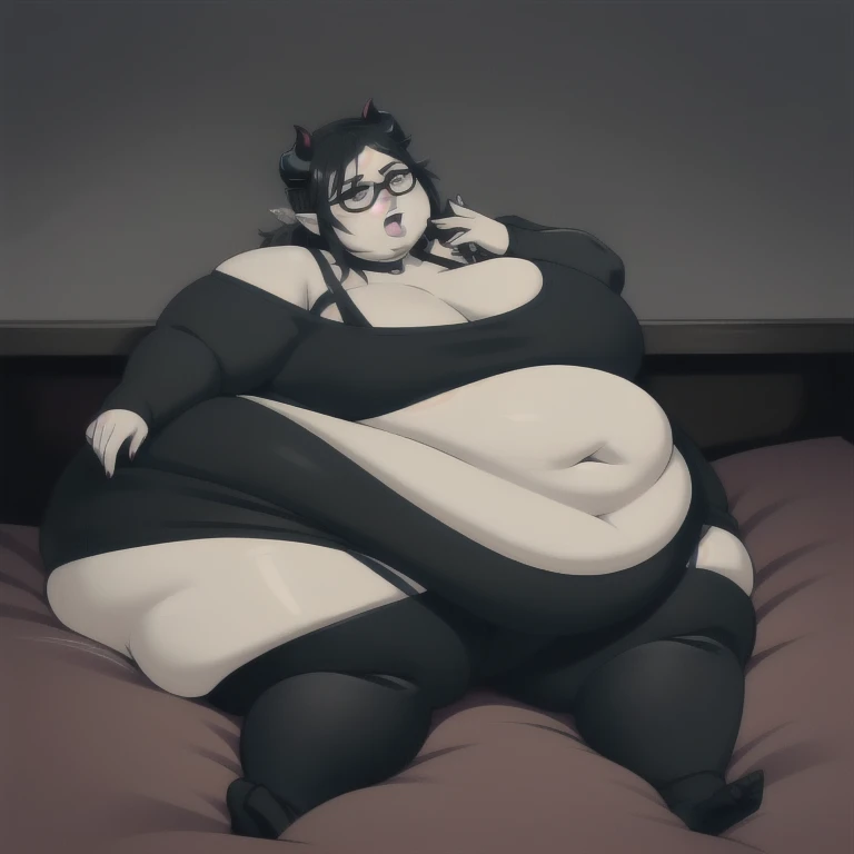 A goth woman with smooth skin, a tall and curvy figure, white outline, monochrome, and a hyper massive voluptuous body. She has large thick fat breasts, (gigantic breasts, 1.5), she has thick breasts, an extremely thick giant fat enormous sexy huge humongous gigantic ass, and horns, thick figure. The woman has cute short wild black hair that covers one eye, blacked out eyes with dark red pupils, and is wearing cute glasses. (Ahegao), She has a seductive expression, moaning, lust face. The woman is wearing a large black sweater and gray leggings, wearing a spiked choker, wearing black makeup, and has black horns, larg black demon wings. She is laying seductively on a bed, holding her belly, sweating, moaning, and gaining weight, with a sexy fat body. ((obese, fat, excess fat)), (morbidly obese body:1.5) (fat neck and chin) (obese:1.1). (Very large thighs) (((Colossal thighs, massive thighs, very large thighs))), (best quality,4k,8k,highres,masterpiece:1.2),ultra-detailed,(realistic,photorealistic,photo-realistic:1.37),HDR,UHD,studio lighting,ultra-fine painting,sharp focus,physically-based rendering,extreme detail description,professional,vivid colors,bokeh,portraits,horror,goth, fantasy