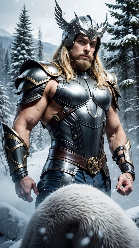 Thor, muscular man, blonde hair, blonde beard, silver armor, fur armor, leather, snow-capped mountains, tall trees, rough seas,