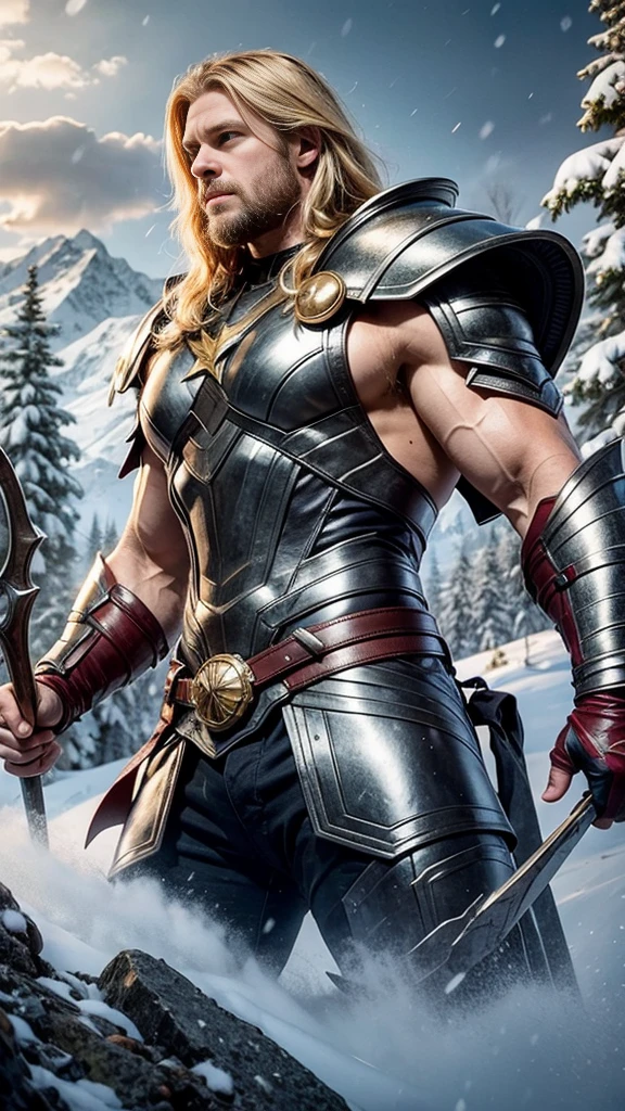 Thor, muscular man, blonde hair, blonde beard, silver armor, fur armor, leather, snow-capped mountains, tall trees, rough seas,