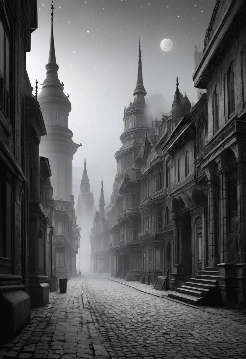 Cobblestone boulevard, deserted, detailed, dark fantasy, Victorian streetscape with only white buildings, buildings are pure white, foggy, a temple with a spire can be seen in the distance, monotone, starry sky, high quality