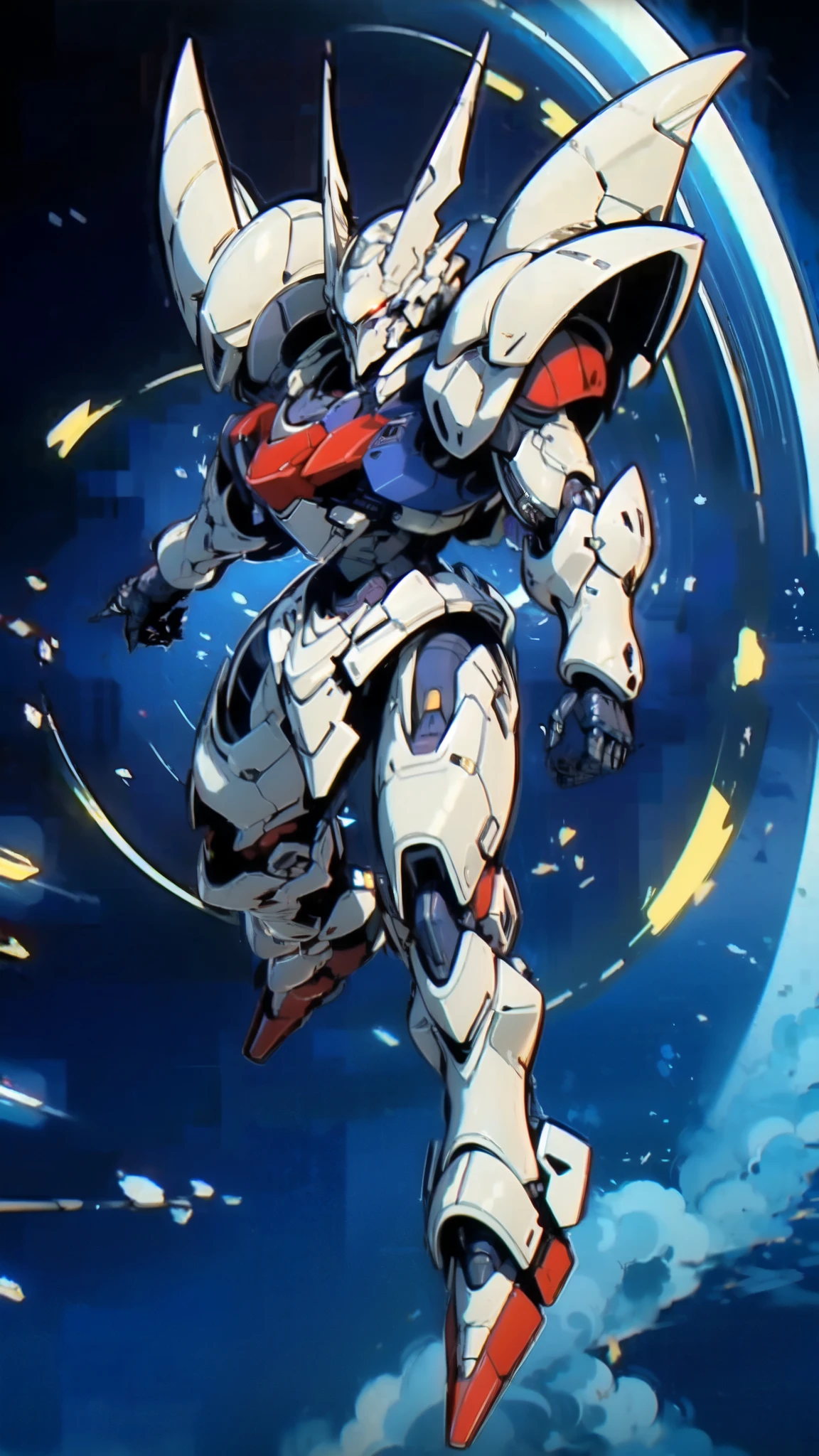 (masterpiece:1.5, best quality:1.5, extremely delicate:1.5), humanoid Mecha, fully enclosed shoulder guards, matching arm and leg guards, full body, full armor, the design balances heavy with agility, (the color scheme is primarily white with red and blue accents, the concept Inspired by Super robot, organic biotech armor, standing, floating high above the futuristic sci-fi city), exquisite and mature art style, (aura effect, energy, glowing eyes, the armor glows), ((SRS)), metallic, dramatic, high definition, highres, ultra-detailed, ultra-fine painting, professional, perfect body proportions, anatomically correct, symmetrical face, extremely detailed eyes and face, high quality eyes, creativity, RAW photo, UHD, 32k, Natural light, cinematic lighting, masterpiece-anatomy-perfect
