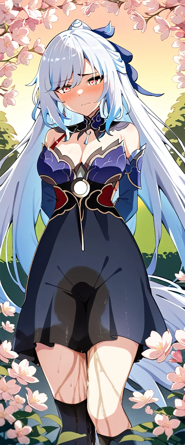 (masterpiece:1.37), best quality, (extremely detailed:1.37), (1girl:1.5), woman, (mature:1.5), (adult:1.5), jingliu, white hair, long hair, ponytail, hair ribbon, red eyes, earrings, jewelry, black dress, silk dress, transparent dress, (extremely tight dress:1.5), (extremely detailed eyes:1.37), (wetting self:1.5), desperation, embarrassed, humiliation, blushing, angry, cherry blossoms, garden, (golden hour:1.5)