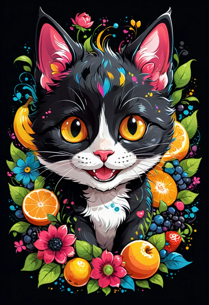  T-shirt designs, vectorial art, colorful illustration of a smiling kitten, At the center, swirly vibrant colors, flowers, fruits, high détail,black backdrop.t shirt design.
(work of art, best qualityer, proffesional, perfect composition, very aesthetic, absurdrez, super verbose, details Intricate:1.3)