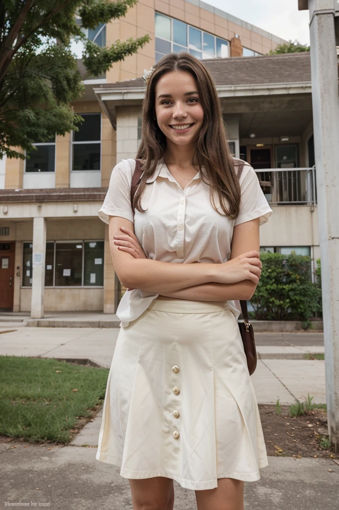 A full-body image of a  brunette woman with freckles, looking nostalgic and happy. She is wearing a cute blouse and skirt, with flats. She stands in front of a school building, holding a yearbook and smiling at the camera. The background features other people chatting and a banner that says 'Welcome Back, Alumni.