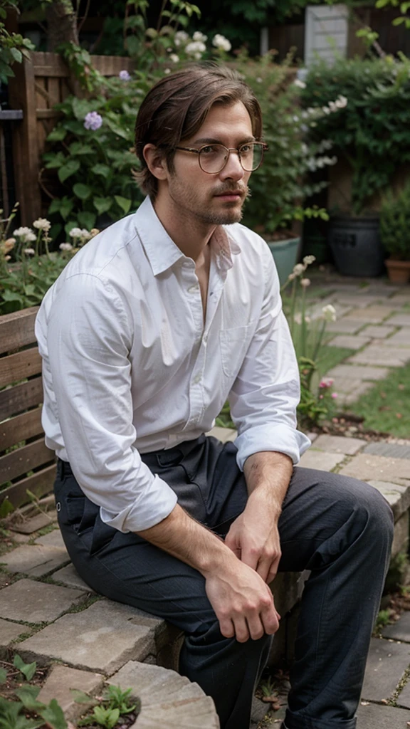 hipster man, wearing shirt and trousers, sittin in the garden