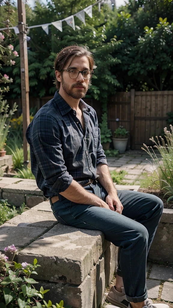 hipster man, wearing shirt and trousers, sittin in the garden